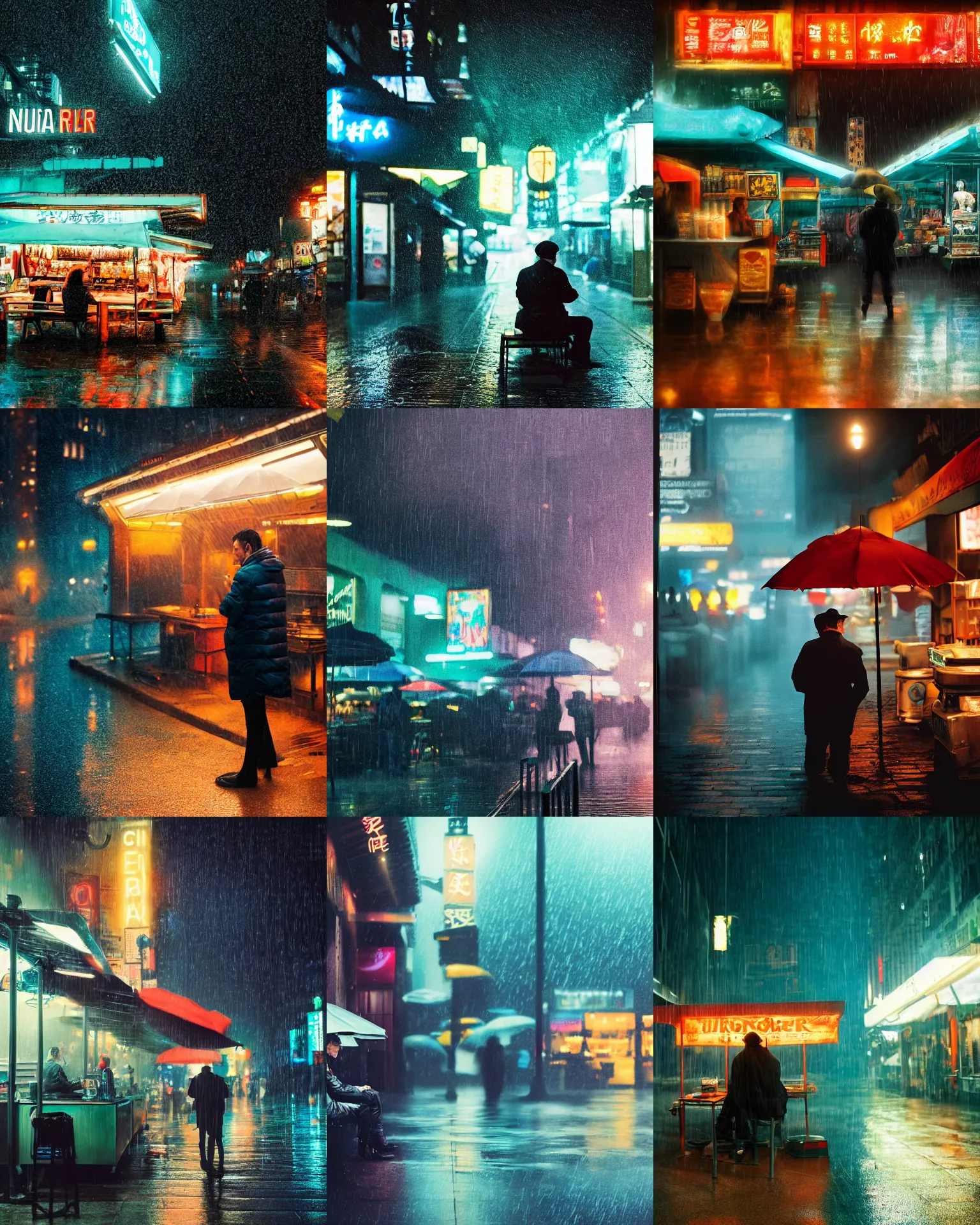 Prompt: blade runner movie still of a customer sitting at an outdoor noodle stand, hyper realism, rack focus, close establishing shot, rainy night, monochromatic teal, steamy, desaturated colors, soft dramatic lighting, 4 k digital camera