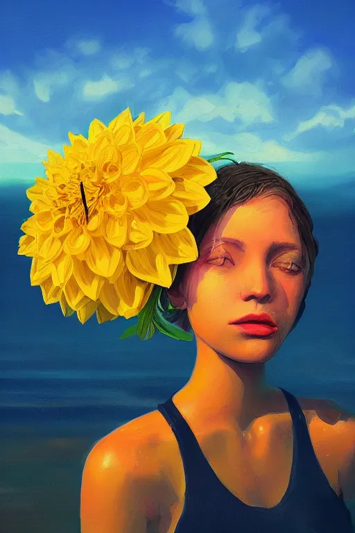 Prompt: closeup girl with huge yellow dahlia flower face, beach, surreal photography, blue sky, sunrise, dramatic light, impressionist painting, digital painting, artstation, simon stalenhag