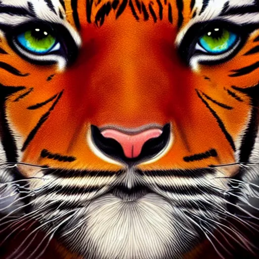 Image similar to a close up of a tiger's face with orange hair, a character portrait by cyril rolando, featured on zbrush central, furry art, artstation hq, zbrush, artstation hd