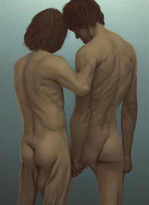 Image similar to portrait of Mads Mikkelsen and Hugh Dancy holding hands romantically as they chaperone school dance by Zdzislaw Beksinski, Michael Whelan, Bob Larkin and Tomer Hanuka, simple illustration, domestic, nostalgic, clean, Matte painting, trending on artstation and unreal engine, New Yorker magazine cover, 1980s romance book cover