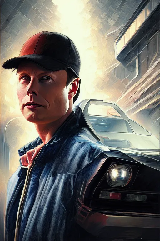 Image similar to elon musk as marty mcfly near delorean, realistic portrait, symmetrical, highly detailed, digital painting, artstation, concept art, smooth, sharp focus, illustration, cinematic lighting, art by artgerm and greg rutkowski and alphonse mucha