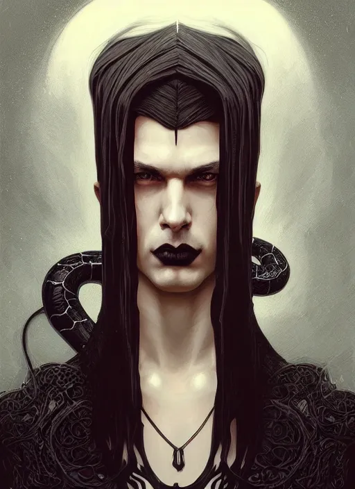 Prompt: symmetry!! portrait of a man with snake hair, gothic, dark, intricate, elegant, highly detailed, digital painting, artstation, concept art, smooth, sharp focus, illustration, art by artgerm and greg rutkowski and alphonse mucha