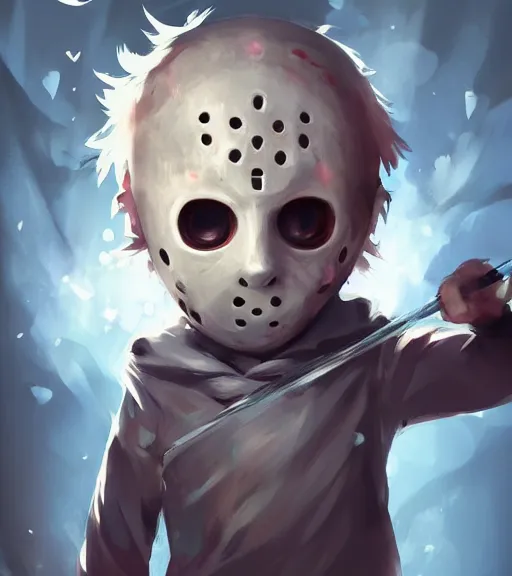 Image similar to beautiful little boy anime character inspired by jason voorhees, art by rossdraws, wlop, ilya kuvshinov, artgem lau, sakimichan and makoto shinkai, horror cinematic composition, anatomically correct, extremely coherent, realistic, mask, smooth, hd, long hair