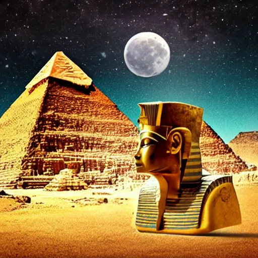 Prompt: a huge cyborg head with an ancient egyptian crown in front of a golden pyramid, at nicht, milky way, full moon, steam punk, - c 1 3 - w 1 0 2 4 - h 1 0 2 4 - n 4 - s 1 5 0