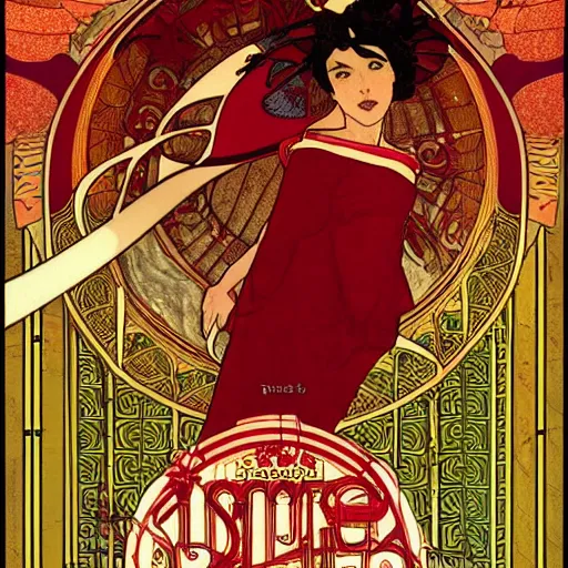 Image similar to flowing theatre red curtains, centered radial design, gold art nouveau graphic elements, painting by mucha, beautiful lighting, anime, studio ghibli, norman rockwell, trending on artstation