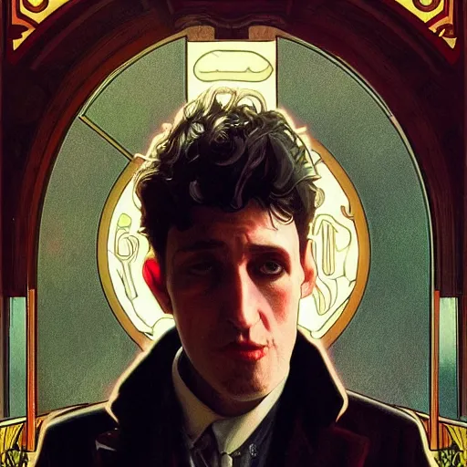 Image similar to shane mcgowan from the pogues, highly detailed, digital painting, artstation, concept art, sharp focus, illustration, cinematic lighting, art by alphonse mucha