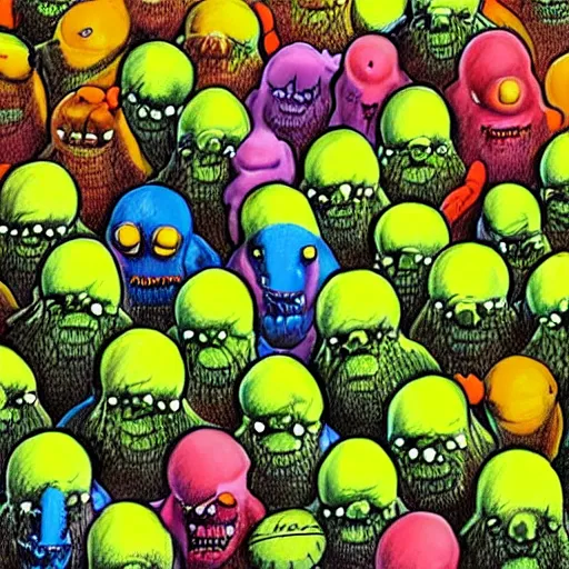 Image similar to an army of differnt tennis ball monsters, colorful, digital art, fantasy, magic, chalk, trending on artstation, ultra detailed, professional illustration by basil gogos