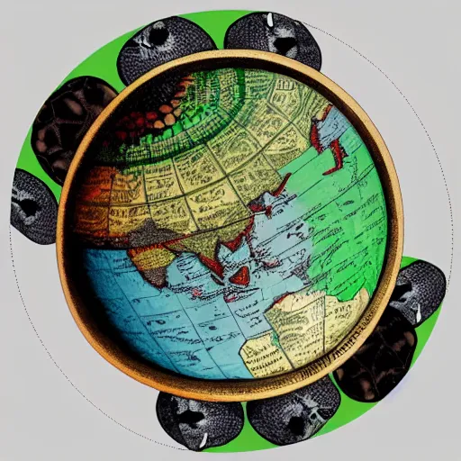 Image similar to a stack of turtles, turtles stacked beneath a round disc with a map of earth, side view