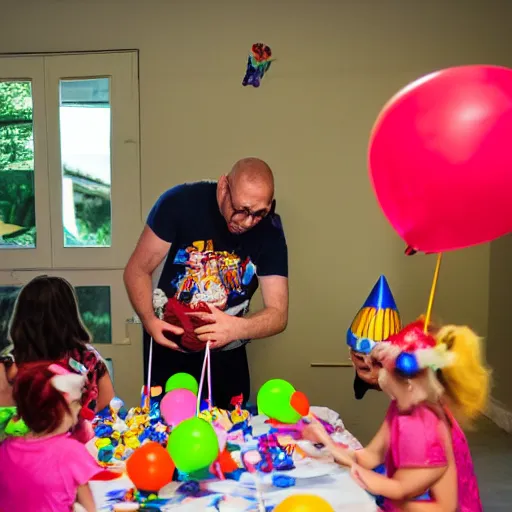 Prompt: Dan O'Dowd dressed as a clown making ballon animals at a children's birthday party