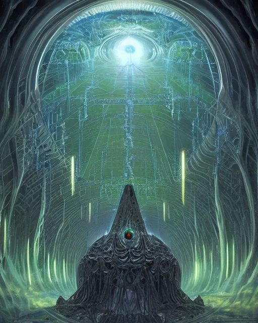 Image similar to a quantum computer, geometric crystal wiring, emerald circuits, highly advanced technology surrounded by a dark cabal of multiple hooded elven mystics in long dark robes gathered in a circular formation, dan seagrave art, michael whelan, artstation, cgsociety