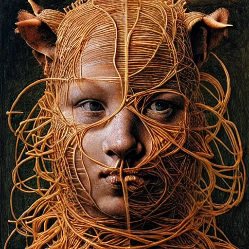 Image similar to half boy half rhino made of spaghetti, intricate armor made of spaghetti fractals, by giuseppe arcimboldo and ambrosius benson, renaissance, intricate and wet oil paint, a touch of beksinski, realistic