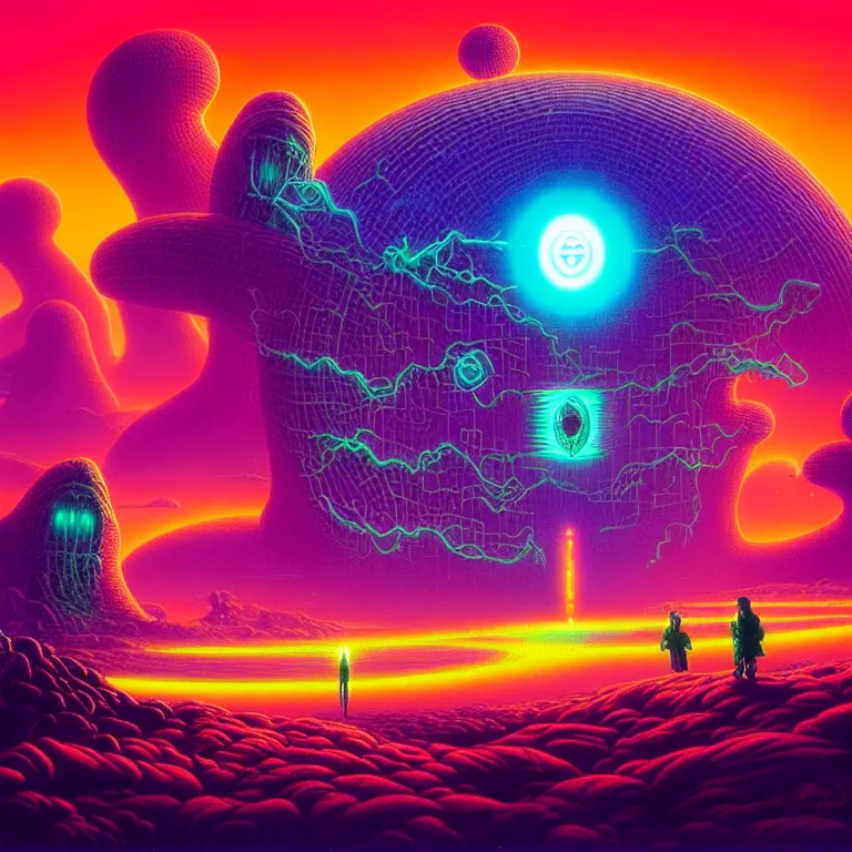 Image similar to strange mysterious creatures, infinite quantum portal, synthwave, bright neon colors, highly detailed, cinematic, panoramic, tim white, michael whelan, roger dean, bob eggleton, chris foss, vladimir kush, kubrick, kimura, isono