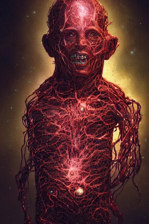 Image similar to poltergeist fused with a cosmic fleshy cyborg, the thing, few cable wires hanging on the body, ghostly, gnarly, portrait, intricate details, by vincent di fate, artgerm, julie bell, beeple and Greg Rutkowski, 80s, concept, Smooth gradients, octane render, 8k, High contrast, duo tone, depth of field, very coherent symmetrical artwork