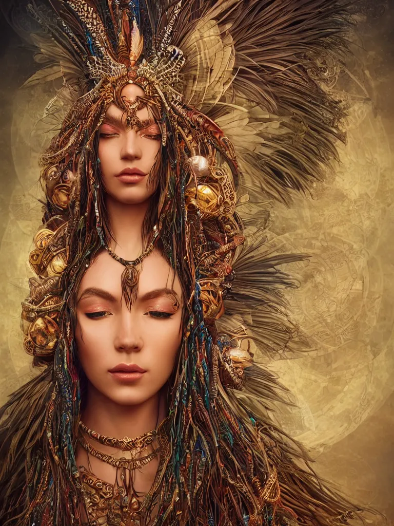 Image similar to a centered render of an alluring mystical tribal goddess adorned with feathers and gemstones and cables and synthesizer parts is surrounded by sacred geometry made from elven architecture, full body, gorgeous face, perfect face, powerful, cinematic, beautifully lit, by artgerm, by karol bak, 3 d, trending on artstation, octane render, 8 k