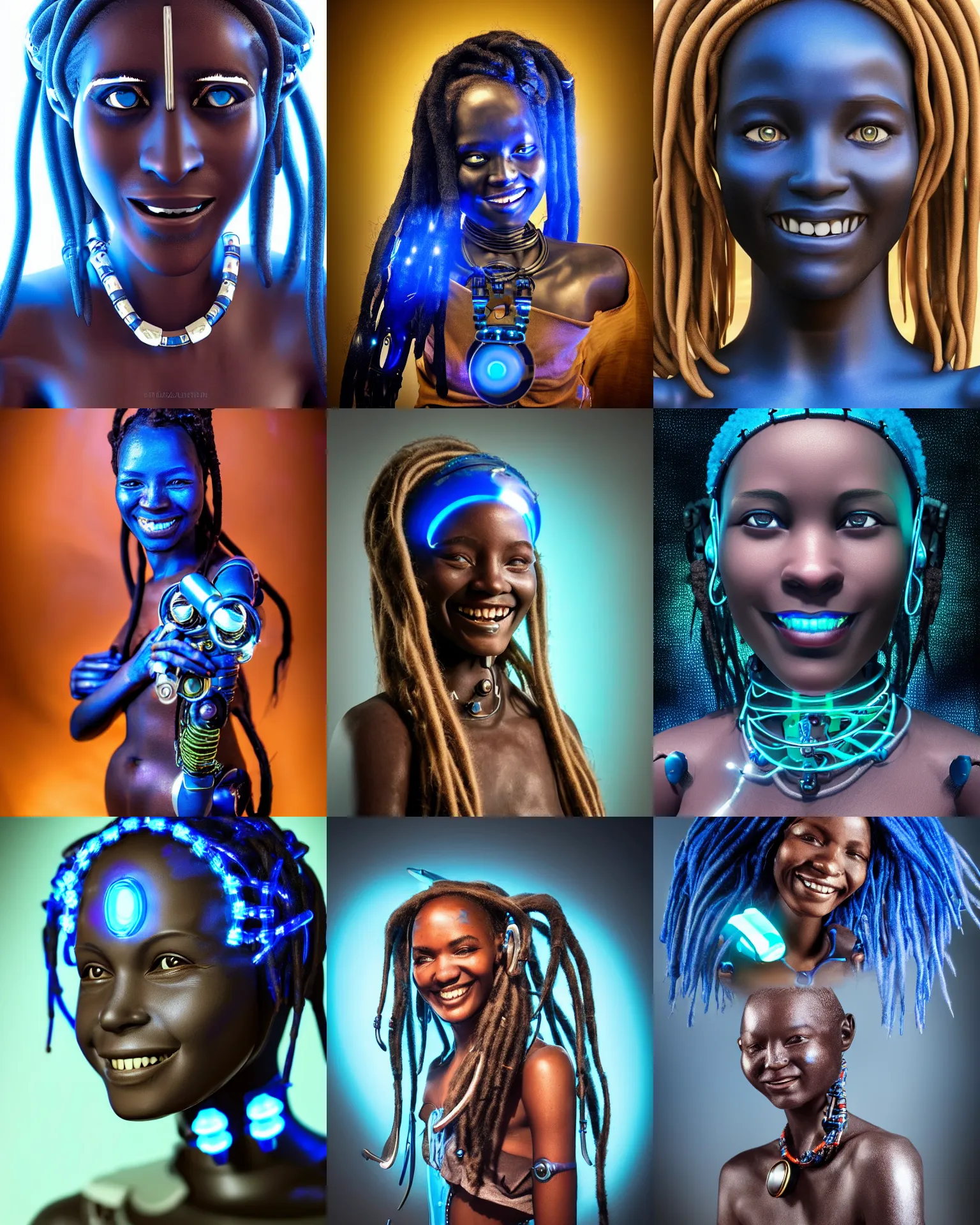 Prompt: beautiful futuristic himba woman smiling, glowing mechanical eye, robotic prosthetic arm, blue glass dreadlocks, hyperrealistic, sci - fi, dramatic lighting, intricate, soft focus