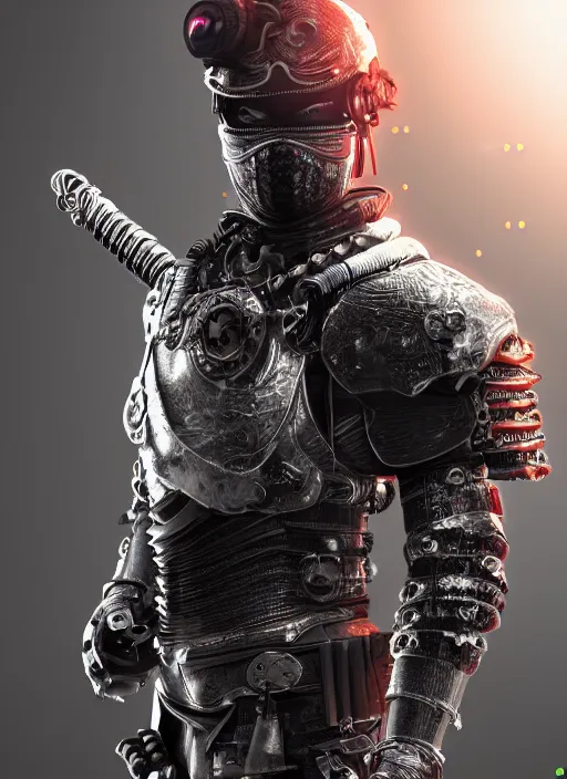 Image similar to ultra realistic and intricate detailed photograph of a cyborg samurai, ninja, katana, war background, neon, cyberpunk, technology, innovation, bright modern style, artstation, unreal render, depth of field, ambient lighting, award winning, stunning