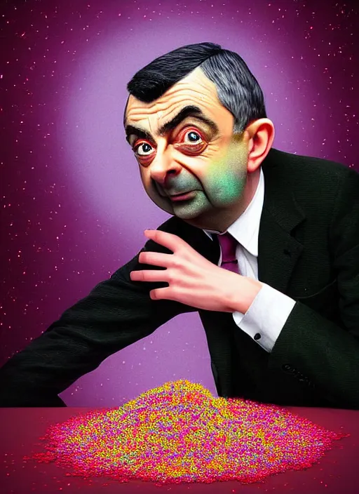 Prompt: hyper detailed 3d render like a Oil painting muted colors - slightly silly portrait of Rowan Atkinson as Mr. Bean in Aurora seen Eating of the Strangling network of yellowcake aerochrome and milky Fruit and Her delicate Hands hold of gossamer polyp blossoms bring iridescent fungal flowers whose spores black the foolish stars by Jacek Yerka, Mariusz Lewandowski, Houdini algorithmic generative render, Abstract brush strokes, Masterpiece, Edward Hopper and James Gilleard, Zdzislaw Beksinski, Nicoletta Ceccoli, Wolfgang Lettl, hints of Yayoi Kasuma, octane render, 8k