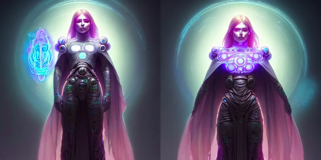 Image similar to ultra detailed female android deity, wearing a cloak, ethereal flowerpunk, scifi, fantasy, cyberpunk octane render, unreal engine, asymmetrical!!! intricate concept art, triadic color, art by artgerm and greg rutkowski and alphonse mucha, 8 k