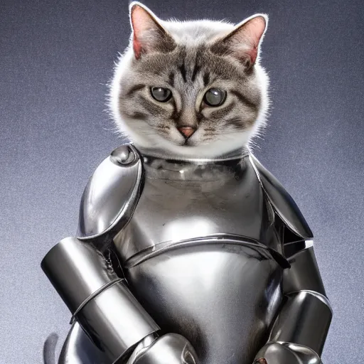 Prompt: a cat that is wearing a silver suit of armor, high quality photograph, studio lighting