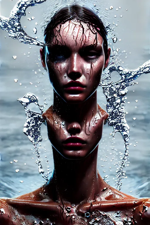 Prompt: fierce wet fashion model, splash, sweat skin, liquid metal, poster art, high detail, intricate oil painting, deep mood, hyperrealism, 3 d, by tooth wu and wlop and beeple and greg rutkowski, uncropped