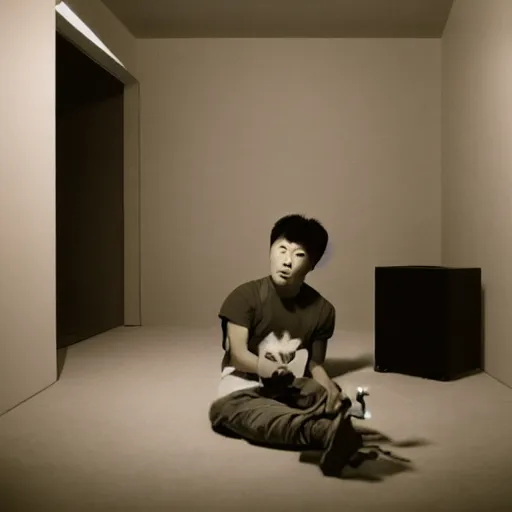 Image similar to hyperralism photography of detailed kim chen playing xbox in basement bedroom by araki hobuyoshi