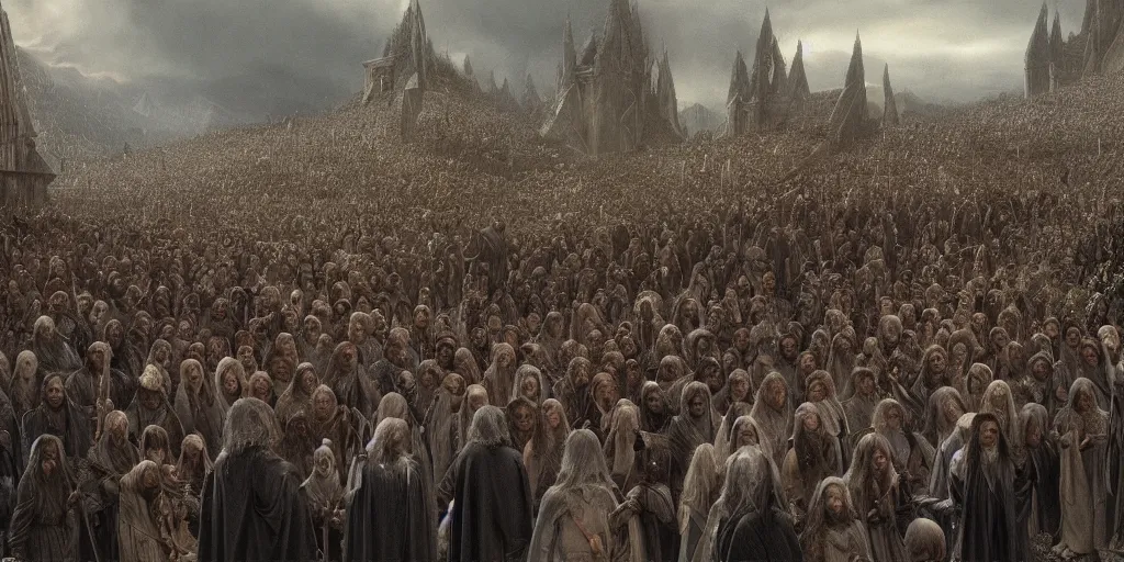 Image similar to Funeral of Aragorn, Arwen at his side, detailed matte painting, cinematic, Alan Lee, Artstation