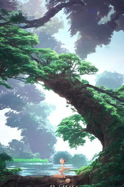 Prompt: beautiful river flowing through a giant ancient tree, serene evening atmosphere, soft lens, soft light, cel - shading, animation, in the style of cgsociety, deviantart, artstation, zbrush, cinema 4 d, studio ghibli, akihiko yoshida, atelier lulua, masamune shirow