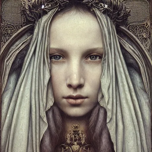 Prompt: detailed realistic beautiful young medieval queen face portrait by jean delville, brooke shaden, gustave dore and marco mazzoni, art nouveau, symbolist, visionary, gothic, pre - raphaelite