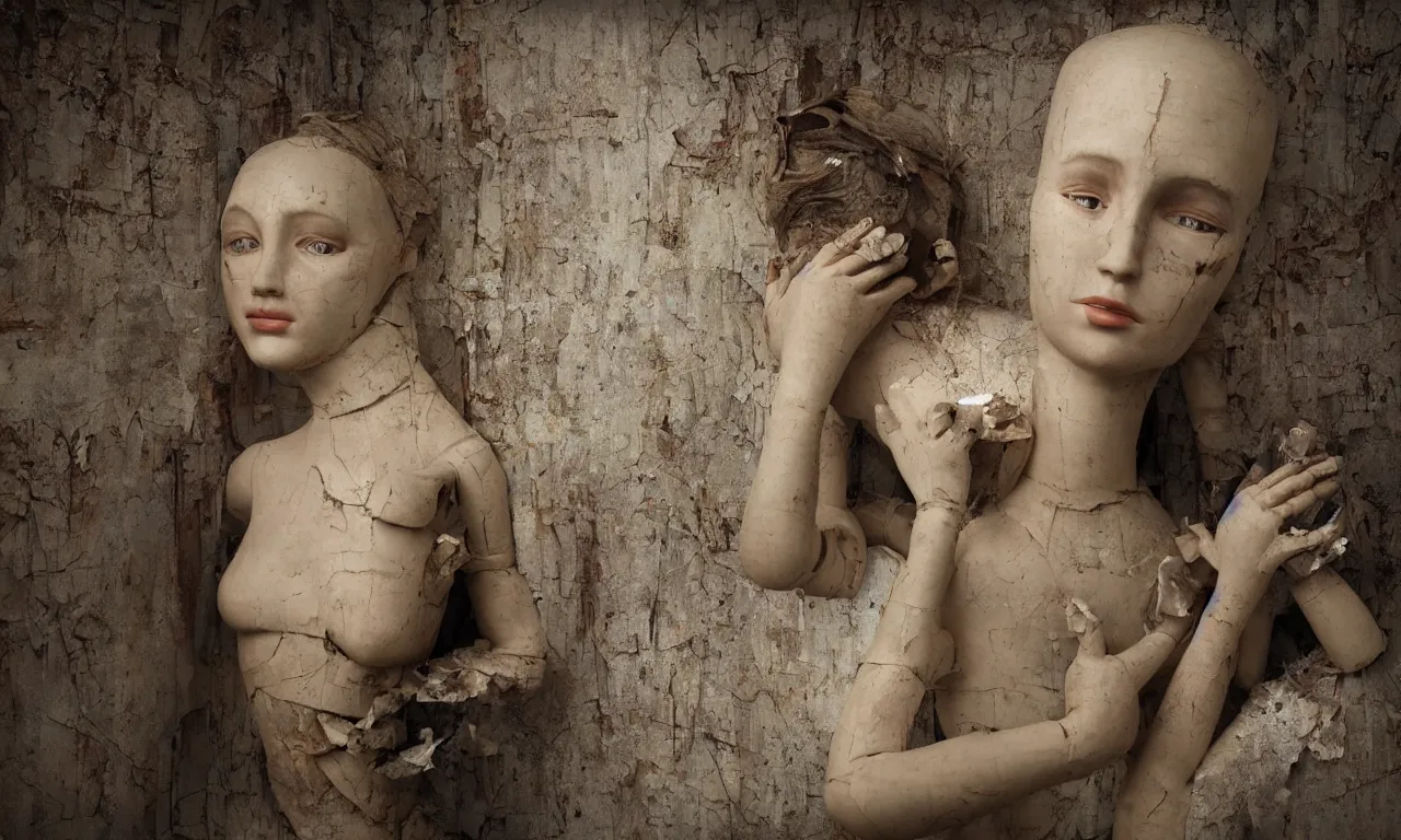 Prompt: a cinematic portrait of a beautiful female jointed wooden doll, holding each other, abandoned, left inside a room in a derelict house, old peeling wallpaper, broken toys are scattered around, rubbish, decay, sadness, by James C. Christensen, by Tomasz Alen Kopera, by Raphael, by Caravaggio, 8K, rendered in Octane, cinematic, 3D, volumetric lighting, highly detailed, photorealistic, hyperrealism