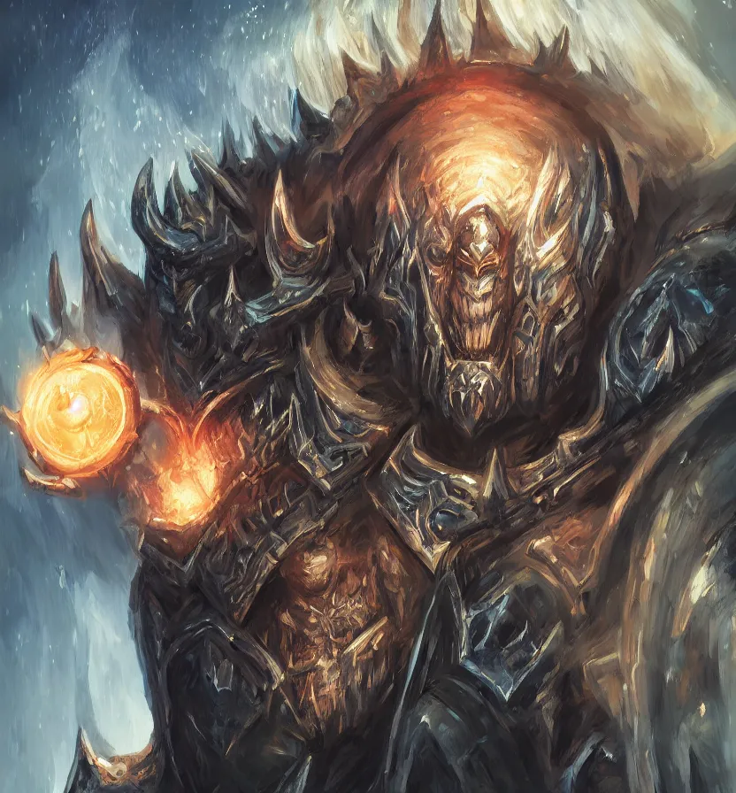 Prompt: coherent portrait of chaos lord arthas, strong brush stroke, illustration, sinister illumination, glowing eyes, artstation, by heraldo ortega