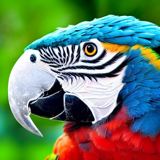 Image similar to Falcon and macaw parrot hybrid animal, realistic photo, taken in zoo,