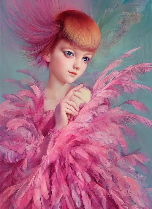 Image similar to beautiful little girl with an pink eccentric haircut wearing an dress made of feathers dancing on stage, artwork made by ilya kuvshinov, inspired in donato giancola, hd, ultra realistic, reflection, flowers, light, realistic face, bird