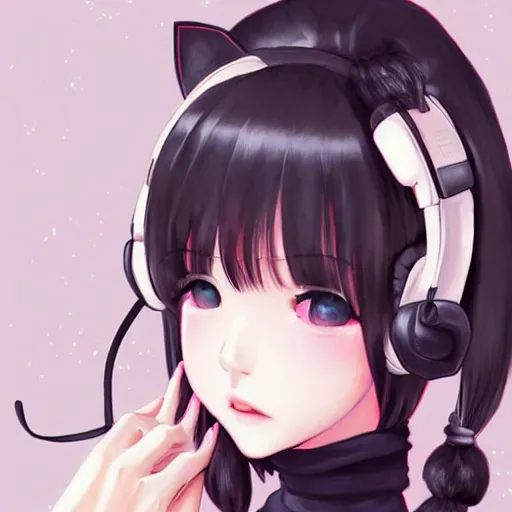 Image similar to realistic beautiful gorgeous buxom natural cute blushed shy girl Blackpink Lalisa Manoban black hair cute fur black cat ears, wearing white camisole, headphones, black leather choker artwork drawn full HD 4K highest quality in artstyle by professional artists WLOP, Taejune Kim, Guweiz on Pixiv Instagram Artstation