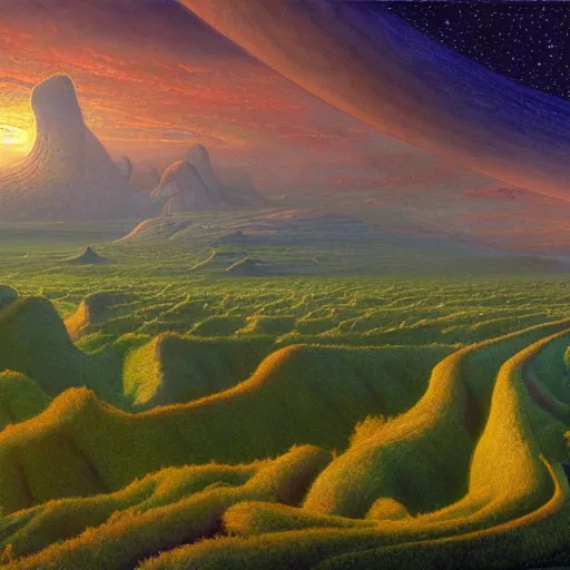 Prompt: a hyper realistic detailled matte painting of a world of verdant glens of amber fields, and oceans of black, during dawn, barometric projection, rectilinear, by jean giraud and john howe and james montgomery flagg featured on artstation, featured on behance, ultrawide angle.