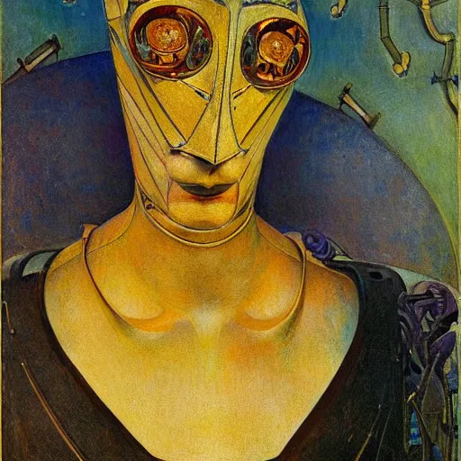 Image similar to painting of the mechanical robot in a floral mask, by annie swynnerton and diego rivera and nicholas roerich and jean delville, symbolist, dramatic lighting, elaborate geometric ornament, art brut, soft cool colors, smooth, sharp focus, extremely detailed, adolf wolfli and donato giancola