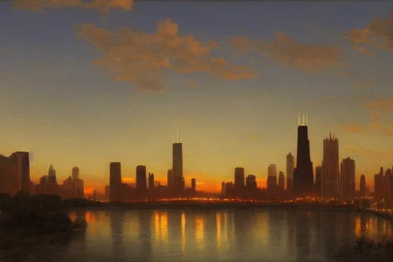 Prompt: chicago skyline, painted by hudson river school, dramatic lighting, artstation