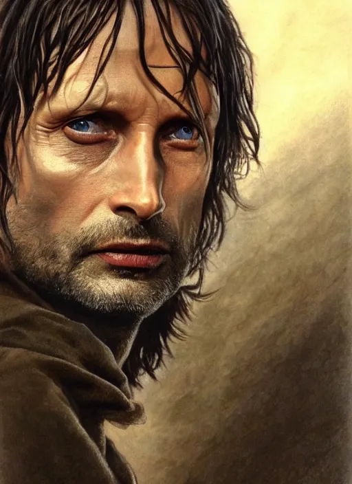 Prompt: Mads Mikkelsen as Aragorn by Alan Lee, medium shot, very detailed eyes, golden hour, concept art, detailed clothing, art station, oil painting