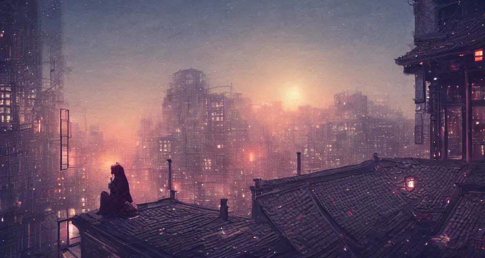 Prompt: solitude on a rooftop of tokyo, intricate, elegant, glowing lights, highly detailed, digital painting, artstation, concept art, smooth, sharp focus, illustration, loneliness, great space, greg rutkowski, 8 k, very high resolution, processing, extremely hyperdetailed