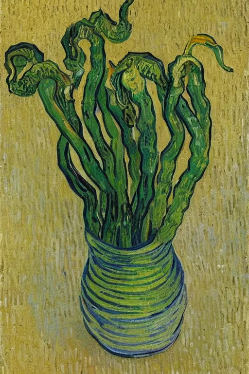 Image similar to Fiddleheads, painted by Vincent Van Gogh (1890), oil on canvas, detailed brushstrokes