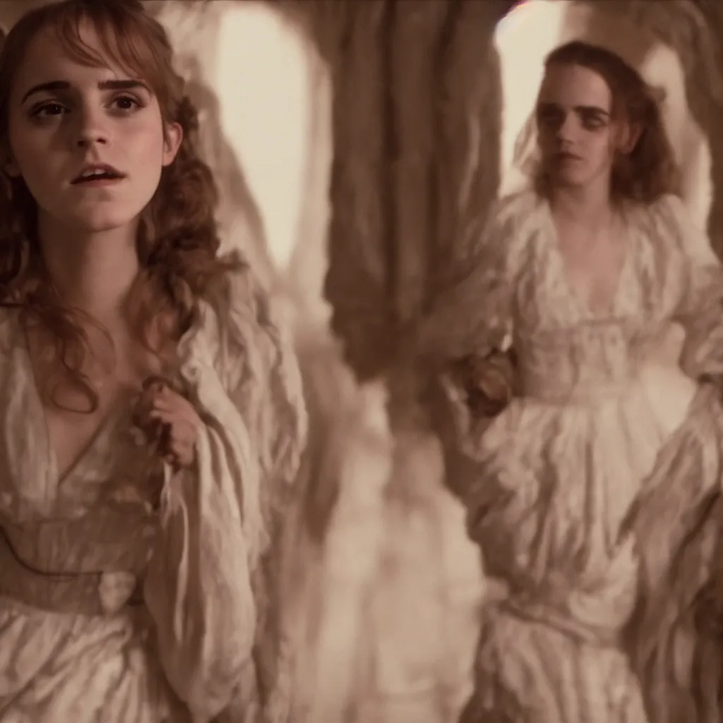 Image similar to closeup Emma Watson long hair flowing robes baroque room cinematic lighting stanley kubrick barry lyndon 4k