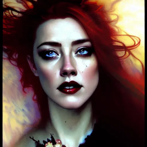 Prompt: hyperrealistic portrait of a woman as amber heard as a vampire witch tears makeup in a black coat turned back while closing a window over the shoulder shot portrait with falling petals in wind. by jeremy mann and alphonse mucha, fantasy art, photo realistic, dynamic lighting, artstation, poster, volumetric lighting, very detailed faces, 4 k, award winning