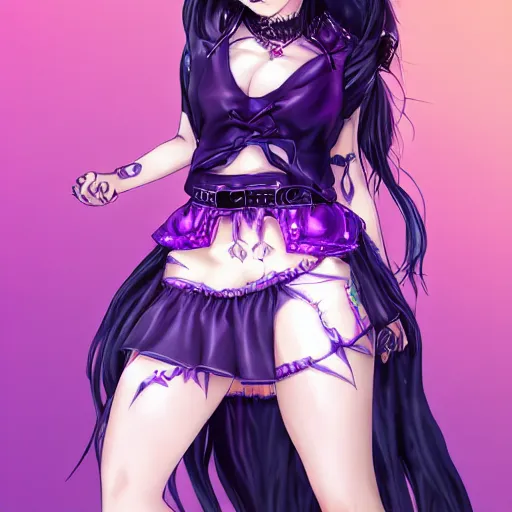 Image similar to evanescence kerli koiv anime goth girl with purple hair in mini skirt and crop top intricate, extremely detailed, artstation, 8 k, sensual lighting, incredible art, wlop, artgerm