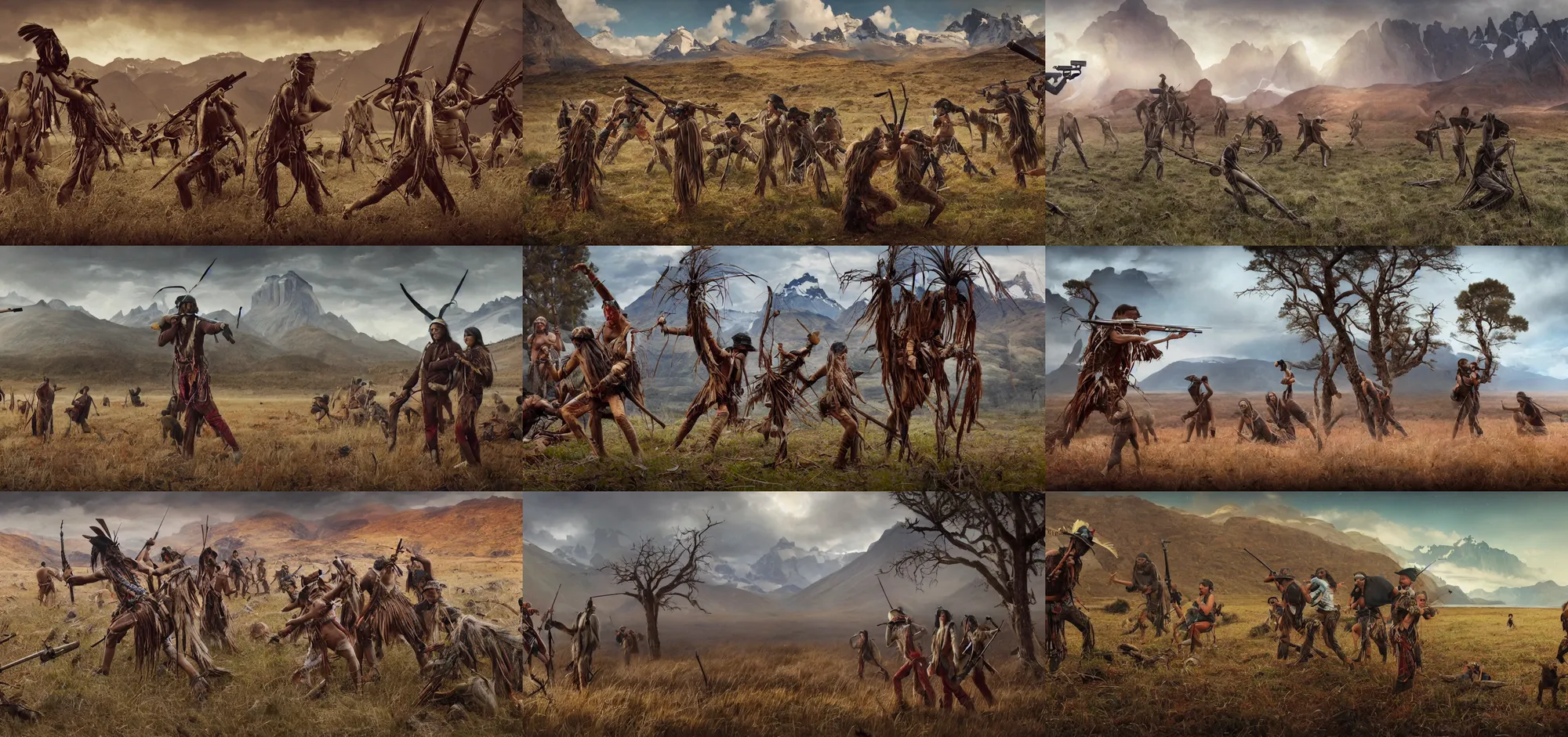 Prompt: an a dramatic frame of a violent scene in which American settlers shoot at Selk'nam Indians, in Patagonia by Peter Andrew Jones, Mark Ryden and Lisa Frank, Martine Johanna , Award winning photo, iridiscense, Houdini algorithmic generative render, Accurate and detailed, sharp focus, octane render 8k, artstation