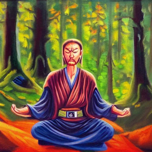 Image similar to A Jedi meditating in the forest, oil painting