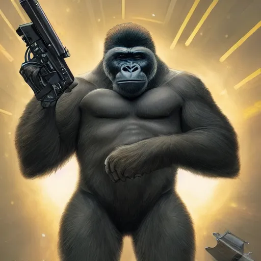 Image similar to detailed science - fiction character portrait of a silverback gorilla shooting a alien gun in space, intricate, wild, highly detailed, digital painting, artstation, concept art, smooth, sharp focus, illustration, art by artgerm and greg rutkowski and alphonse mucha