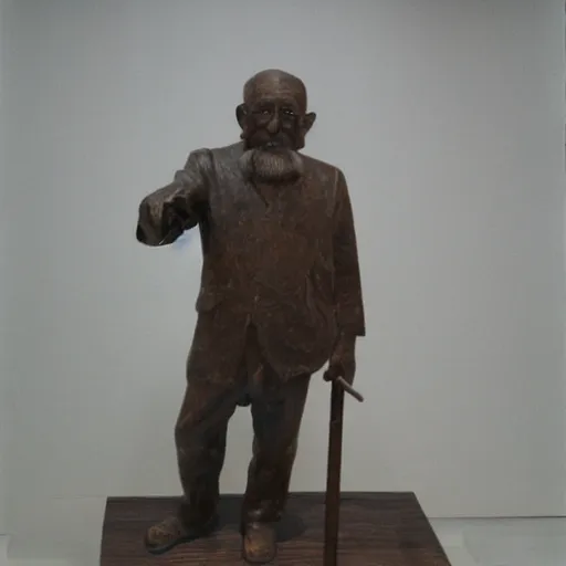 Image similar to patina bronze sculpture, old man with cane, in museum, soft light, kodak gold 2 0 0,