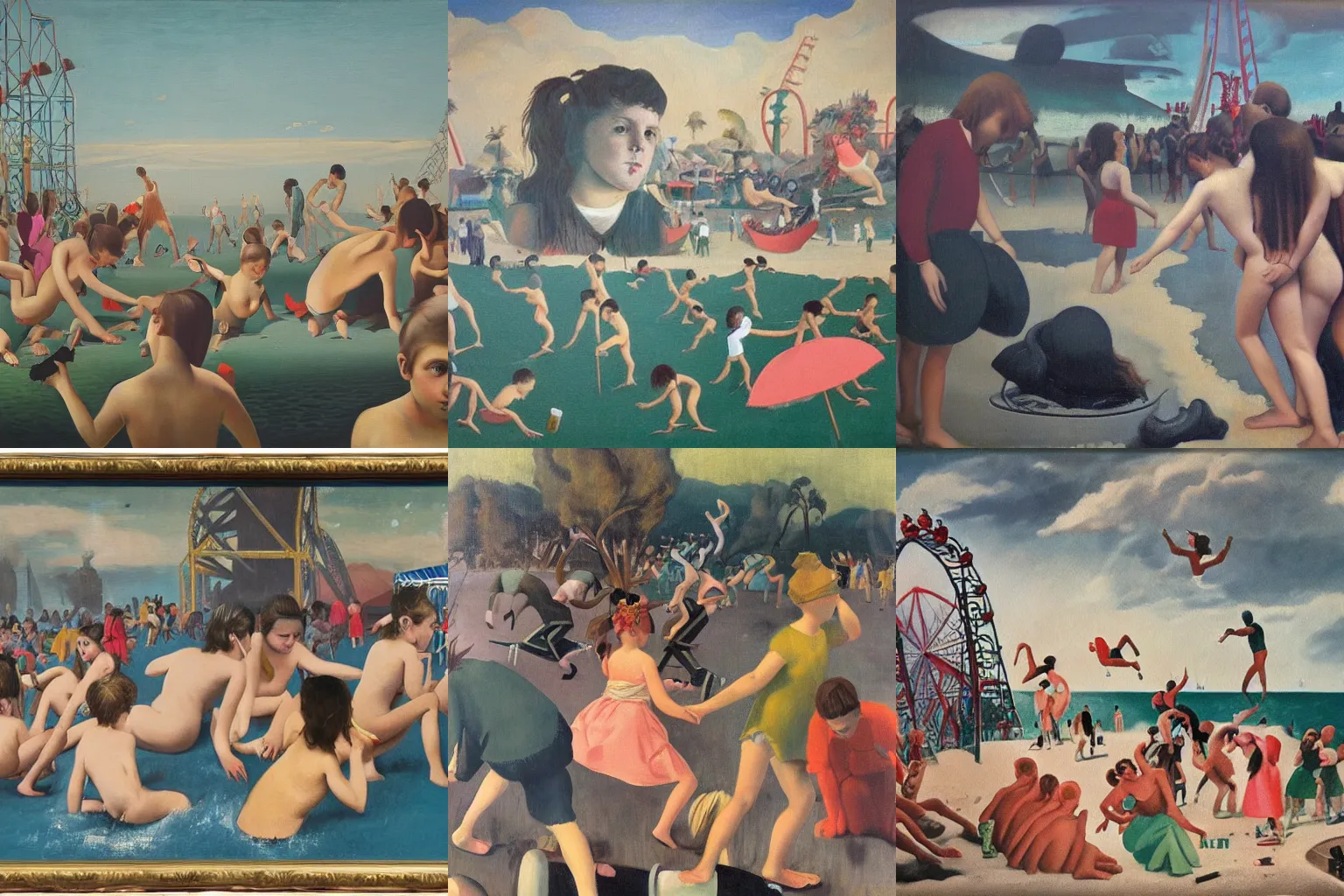 Prompt: famous oil painting, girls comb their hair in rear view mirrors, boys try to look tough, The amusement park rises bold and stark, Kids are huddled on the beach in a mist, in the style of neo rauch