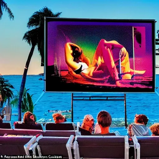 Image similar to futuristic film festival frameout shows films from predominantly domestic production on a summer outdoor cinema screen, salvador dali style