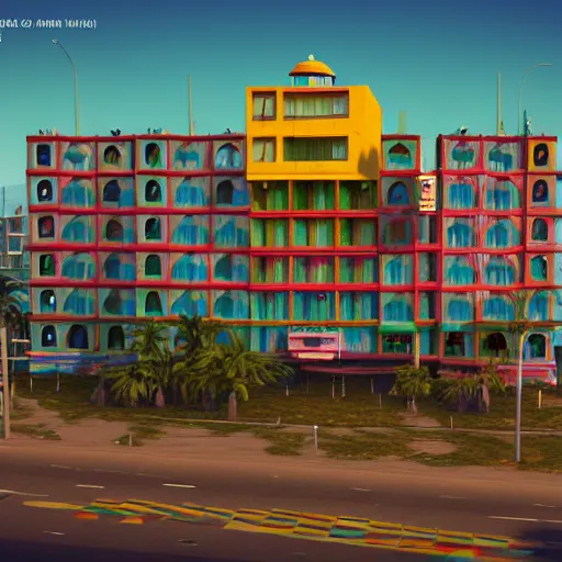 Prompt: freddy mamani silvestre skyscraper, highly detailed, photo, artstation, 3 d render, gta 6 style, sharp focus, environment lighting, style by wes anderson and vernacular signs, bolivian cholitas, 8 k, ultra realistic, glow, natural light, hyperrealistic, unreal engine