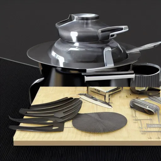 Prompt: drawing of innovative concept kitchen tools by Japanese engineers, blade runner style, 3d, photorealism